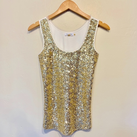 Calvin Klein | Gold Jewel Tone Sparkle Sequin Fitted Tank Top - Picture 3 of 6